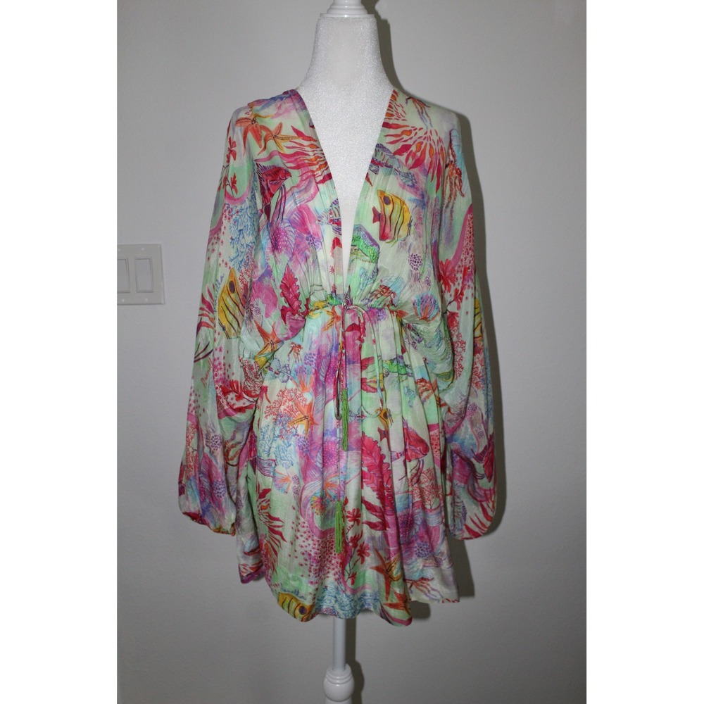 Pranella Sea Life Tropical Fish Beaded Tassel Beach Coverup Dress OS Kaftan